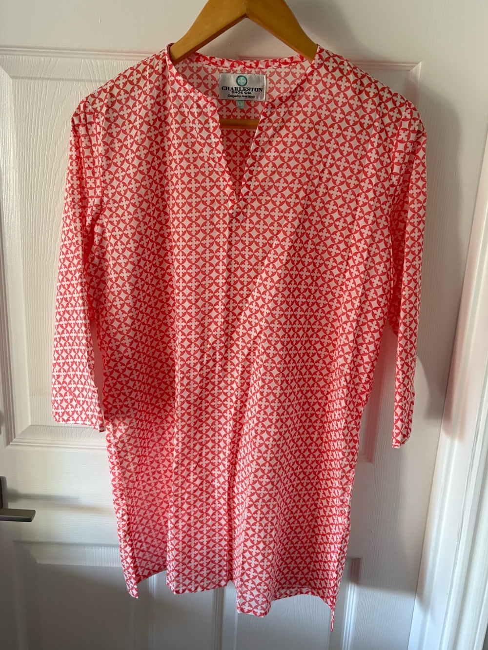 CHARLESTON SHOE CO. Coral Pink Geometric Long-Sleeve Tunic Dress Size L